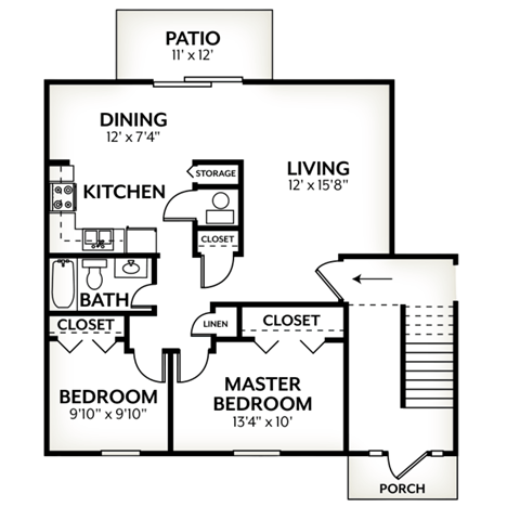 Floor plan for 2 beds, 1 bath, 861 sqft